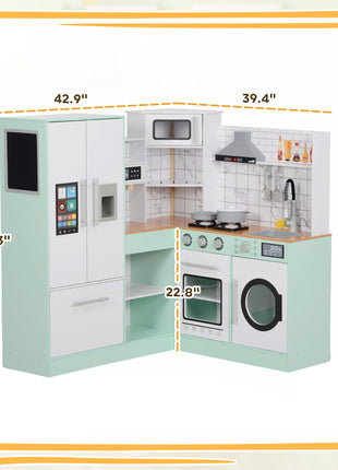Play Kitchen, Corner Kids Kitchen Playset w/ Chalkboard, Range Hood, Ice Maker, Stove, Microwave, Sound & Lights