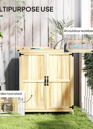 Outdoor Storage Cabinet, Garden Tool Shed with Metal Tabletop, Shelf, Wooden Potting Bench with 2 Doors, Natural Wood