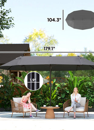 Extra Large 15 ft Patio Umbrella, Double-Sided Wide Outdoor Umbrella with Crank Handle and Air Vents for Backyard, Deck, Pool, Market, Gray
