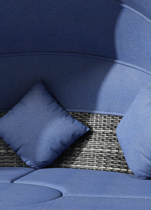 4-piece Cushioned Outdoor Rattan Wicker Sunbed or Conversational Sofa Set with Sun Canopy, Dark Blue
