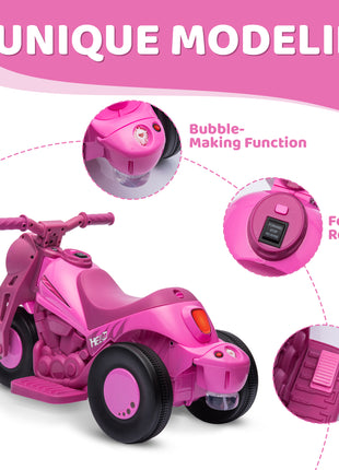 Ride On Motorcycle, 6V Ride on Bubble Car, 3 Wheeled Electric Motorcycle for Kids w/ LED Headlight, Music, Pink
