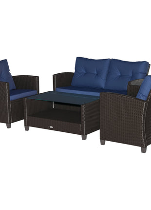 4 Pieces Patio Furniture Sets with Cushions, PE Rattan Wicker Conversation Chairs with Two-Tier Coffee Table for Backyard Porch Garden Poolside and Deck, Blue