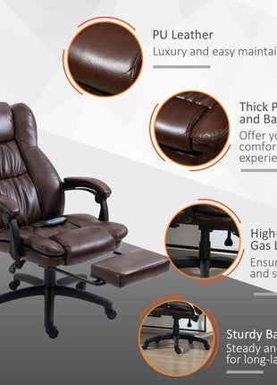 High Back Massage Office Chair with 6-Point Vibration, 5 Modes, Executive Chair, PU Leather Swivel Chair with Reclining Back, and Retractable Footrest, Brown