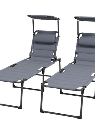 2 Pcs Outdoor Lounge Chair, 4 Position Adjustable Backrest, Folding, Cushioned w/ Sun Shade Roof & Pillow, Gray
