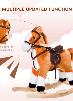 Kids Plush Toy Rocking Horse, Wooden Ride-on Chair, Plush Animal Rocker with Realistic Sounds and Moving Tail for Toddlers, Brown