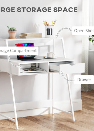 Home Office desk, Computer Desk for Small Spaces, Study Table with Drawer and Storage Shelves, White
