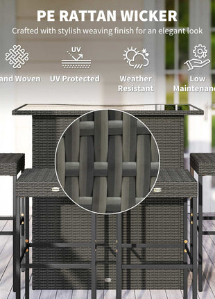 5 Piece Rattan Wicker Bar Set, High Top Outdoor Table and Chairs, Bar Height Patio Set, 2 Shelves & 4 Bar Stools, Gray