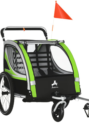 2-in-1 Walk/Ride Child Baby Bike Trailer for Kids 2 Seater, High-Visibility Bike Stroller for Toddler Wagon, Weather-Strong Double Bicycle Trailer Accessory, Green