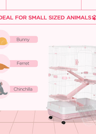 32"L 4-Level Small Animal Cage Rabbit Hutch with Wheels, Slide-out Tray for Bunny, Chinchillas, Ferret, Pink