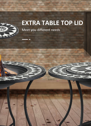 30" Outdoor Fire Pit Dining Table, 3-in-1 Round Wood Burning Fire Pit Bowl, Patio Ice Bucket with Storage Shelf, Spark Screen Cover for BBQ, Bonfire, Camping, Mosaic