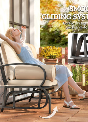 Swing Glider Rocking Chair, Double Patio Bench, 2 Person Loveseat with Steel Frame, Cushions, Pillow Armrests, Khaki