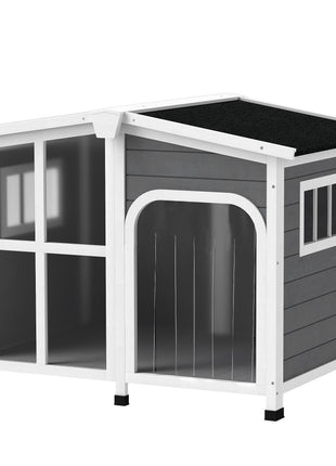 Cabin-Style Wooden Dog House for Large Dogs with Openable Roof & Giant Window, Dark Gray