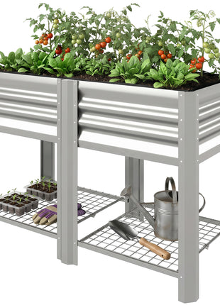 Raised Garden Bed Galvanized Steel, Elevated Planter Box with Storage Shelf, Bed Liner, 31.5" High, Silver