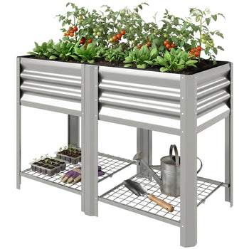 Raised Garden Bed Galvanized Steel, Elevated Planter Box with Storage Shelf, Bed Liner, 31.5" High, Silver