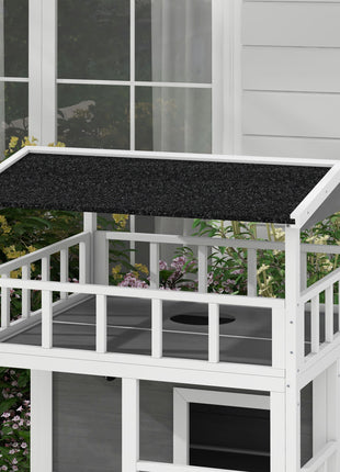 Wooden Outdoor Cat House with Asphalt Roof, Escape Doors, Condo, Jumping Platform, Light Gray