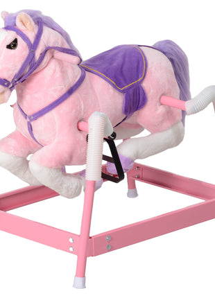 Spring Rocking Horse, Kids Ride on Horse, Plush Horse Ride-on w/ Sounds & Foot Stirrups for Kids 3-8 Years, Pink