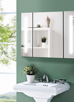 LED Lighted Medicine Cabinet with Mirror, 35.5"W x 25.5"H Wall Mounted Bathroom Cabinet with 3 Cupboards, Memory Function, USB Charge, High Gloss Black