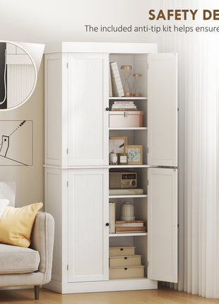 72" Kitchen Cabinet, Pantry Storage Cabinet with Doors and Shelves, Freestanding Food Pantry Cabinet, White Wood Grain