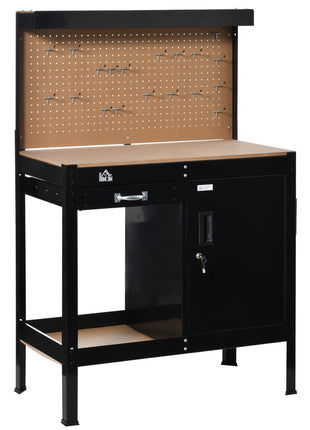 Multipurpose Workbench, Workshop Tool Table with Slide Drawer. Peg Board, Storage Cabinet with Keys