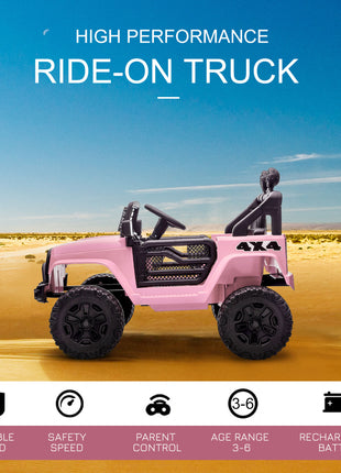 12V Kids Ride On Truck with Parent Remote Control, Battery Powered Electric Car with Spring Suspension, Adjustable Speed, LED Lights and Horn, Pink