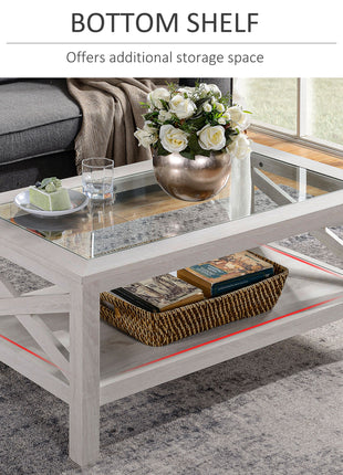 Coffee Table with Tempered Glass Tabletop, Living Room Table with Wood Frame and Underneath Storage Shelf, White Oak