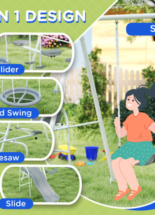 5 in 1 Kids Swing Set for Backyard with Heavy-Duty A-Frame Stand, Saucer Swing, Slide, Seesaw, Glider, Swing Seat, Gray