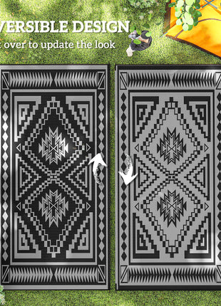Reversible Outdoor Rug, Waterproof Plastic Straw with Carry Bag, 9' x 18', Black & Gray Square Patchwork
