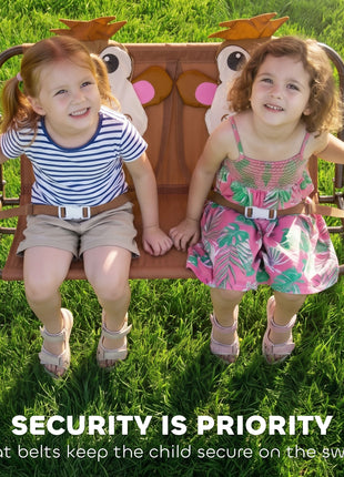 Kids Patio Swing, 2-Seater Outdoor Swing Chair with Adjustable Canopy and Safety Belt, Monkey Pattern Hanging Swing Bench for Garden or Backyard, Coffee