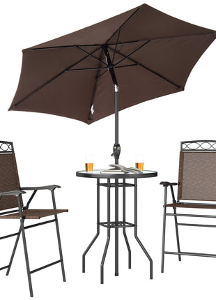 4 Piece Outdoor Bar Set with Umbrella, Patio Dining Set with 2 Folding Chairs, Wave Textured Tempered Glass Table for Backyard, Garden, Deck, Poolside, Brown