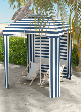 5.8' x 5.8' Cabana Umbrella for Travel, Walls, Vents, Ruffles, Carry Bag, Beach Umbrella, Blue & White Stripe