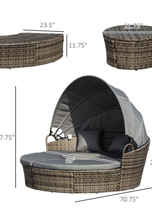 4-Piece Round Convertible Daybed with Cushions, Outdoor PE Rattan Patio Wicker Sofa Set, Sunbed with Adjustable Sun Canopy, Sectional Sofa, 2 Chairs, Table, 3 Pillows, Dark Gray