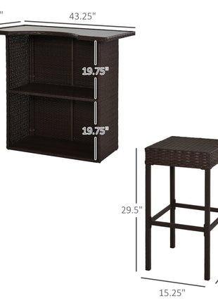 5 Piece Wicker Outdoor Bar Set, High Top Outdoor Table and Chairs, Height Patio Set with Glass Table Top 2 Tier Storage Shelf and 4 Bar Stools for Garden, Poolside, Dark Brown