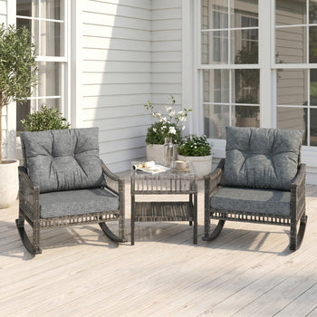 3 Piece Outdoor PE Rattan Rocker Chair Set, Rocking Chair with Tempered Glass Table Top, Gray