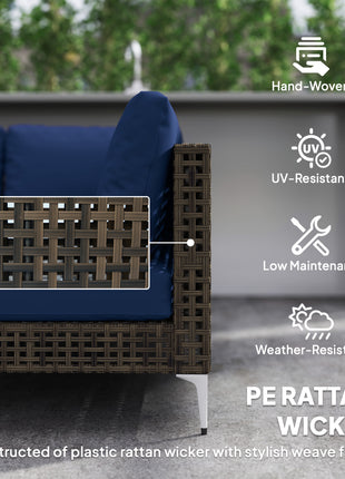 7 Piece Wicker Patio Furniture Set, Modular Outdoor Sectional with Thickened Cushions, Acacia Wood Table, Brown/Blue