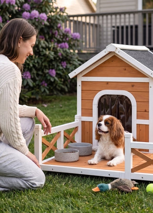 Outdoor Wooden Dog House, Dog Shelter with Large Porch, Weatherproof & Openable Roof, Elevated Base, Removable Floor
