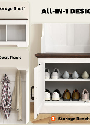 3-in-1 Hall Tree with Shoe Storage, Coat Rack with Bench, Entryway Furniture with Five Hooks, White Wood Grain