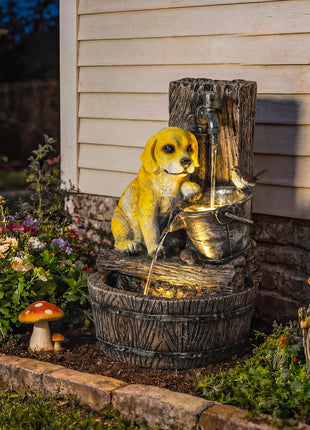 22" Outdoor Fountain with 3-Tier Puppy Theme, Resin Garden Fountain with LED Lights, Adjustable Flow, Rustic Brown