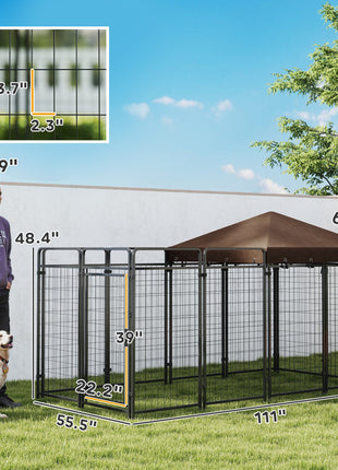 Dog Kennel Outdoor with Waterproof Canopy, Dog Run with Galvanized Chain Link, Secure Lock, for Backyard and Patio, Large and Medium Sized Breeds, Chickens, Ducks, 9.3' x 4.6' x 5.2'