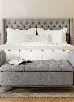 50 Inches Storage Ottoman, End of Bed Bench with Rolled Arms, Wood Legs, Button Tufted Storage Bench, Gray