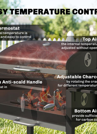Charcoal BBQ Grill and Smoker Combo Outdoor Portable Trolley Camping Picnic Backyard with Side Shelf, Black