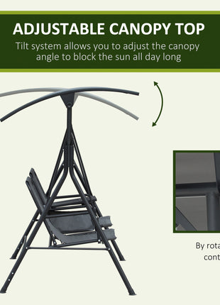 2-Seat Outdoor Porch Swing, with Pivot Storage Table, Cup Holder, & Adjustable Overhead Canopy, Stand's Skid-Resistant Feet Pad, Breathable Mesh Seat, Steel Frame, for Patio, Gray