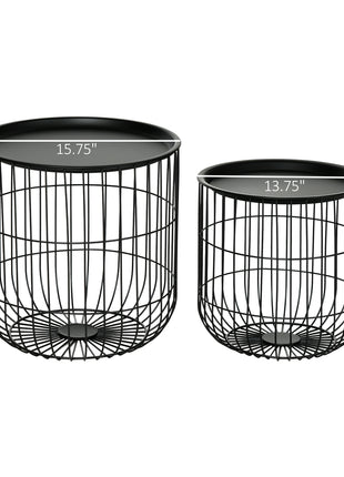 Coffee Table Set, Nest of Coffee Tables with Steel Wired Basket Body and Removable Top for Living Room, Black