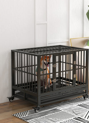 36" Heavy Duty Dog Crate Metal Cage Kennel with Lockable Wheels, Double Door and Removable Tray, Gray