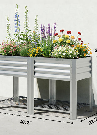 Raised Garden Bed Galvanized Steel, Elevated Planter Box with Storage Shelf, Bed Liner, 31.5" High, Silver