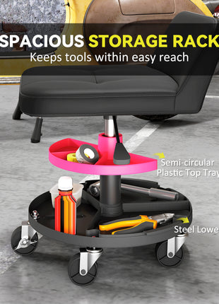 Rolling Creeper Garage Stool, 300 LBS Capacity Mechanic Stool with 360° Wheels, Tool Tray, Adjustable Height, Black