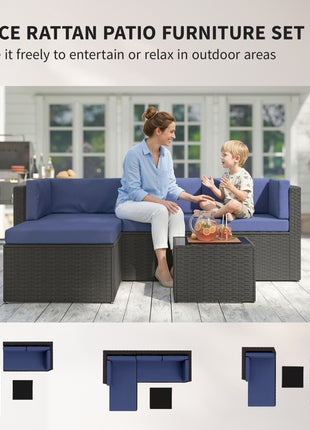 3 Piece Patio Furniture Set, Wicker Outdoor Patio Conversation Furniture Set with Cushions, Glass Top Table, Navy Blue