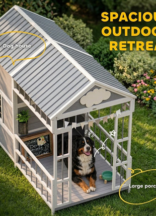 79"L Large Dog House Outdoor, Wooden Dog Kennel with Porch, Storage Cabinet,Weatherproof Roof, Windows