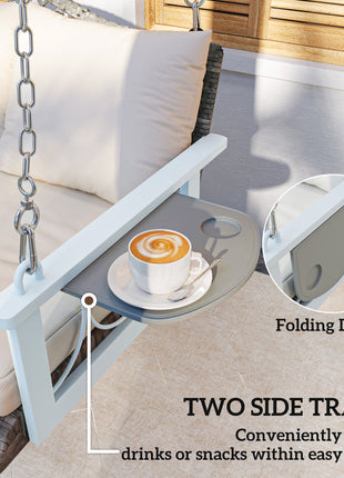 3 Person Wicker Hanging Outdoor Patio Porch Swing Bench with Cup Holders, Cushions, and Chains, Natural