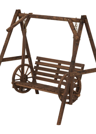 2-Seat Porch Swing with A-Frame Stand, Wooden Log Patio Swing Chair Bench with Wagon Wheel Armrests, Carbonized Brown
