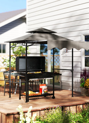 8' x 7.6' Outdoor Grill Gazebo, Barbecue Gazebo Shelter with Side Awning, 2 Side Shelves and 6 Hooks, Dark Gray